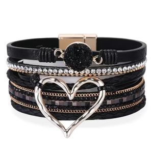 Black Leather Multi Layer Heart Crystal Druzy Magnetic Bracelet